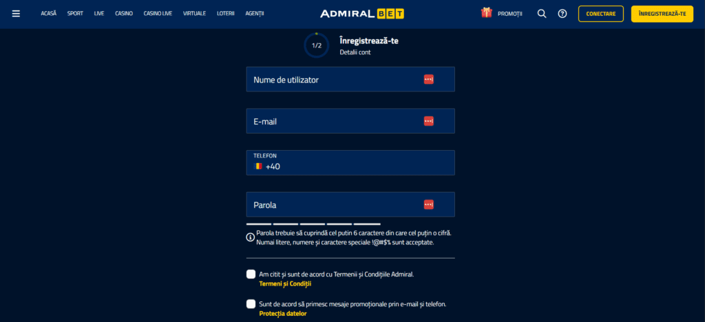 admiralbet inregistrare pas 1