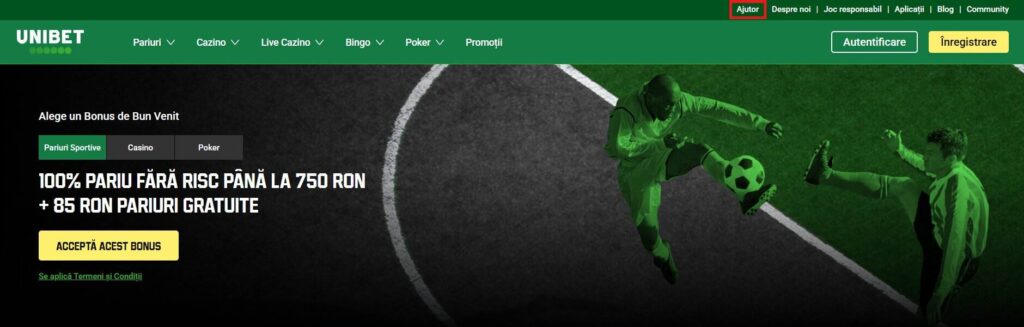 pagina principală unibet sectiunea ajutor