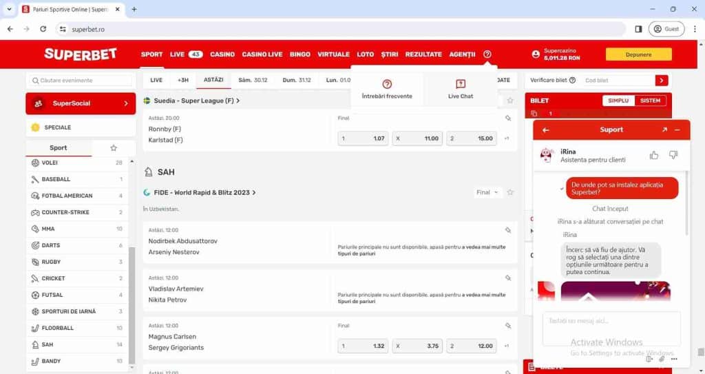 accesare live chat superbet