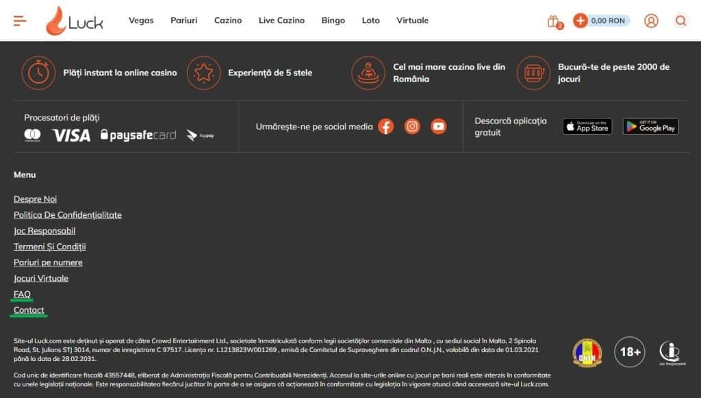 accesare faq si contact luck casino