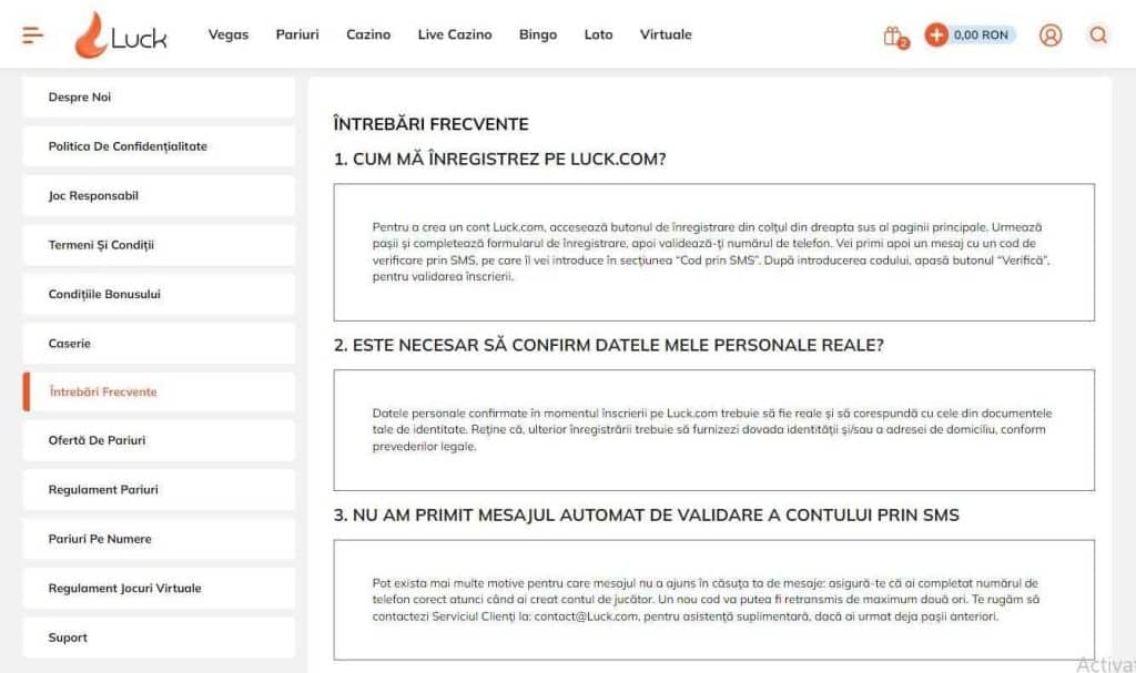 sectiune faq luck casino